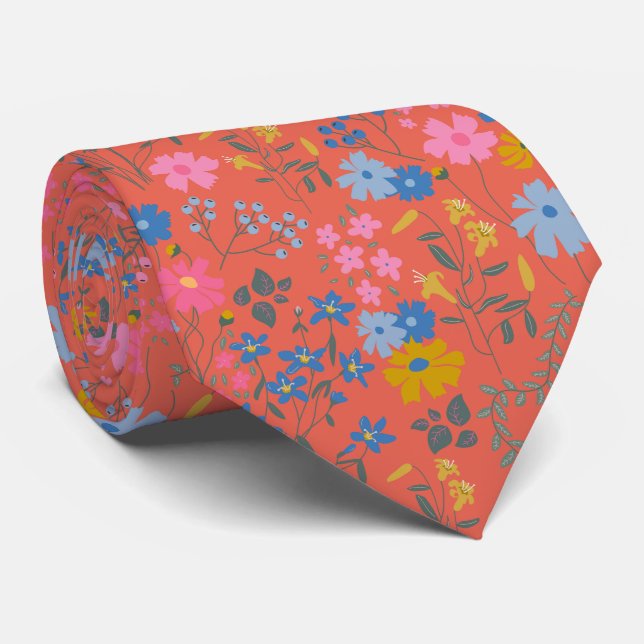 Modern Boho Red Floral Wildflowers Tie (Rolled)
