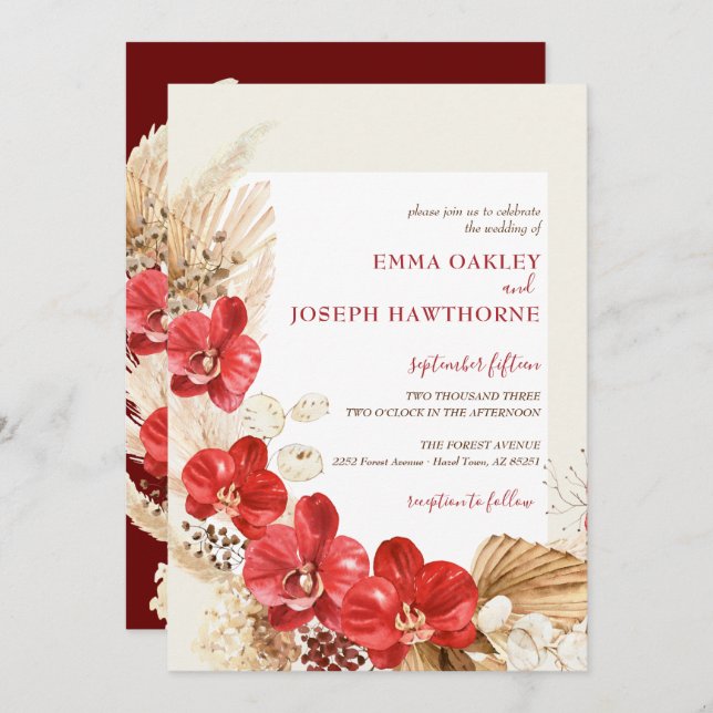 Modern boho red orchid fall custom Wedding Invitat Invitation (Front/Back)