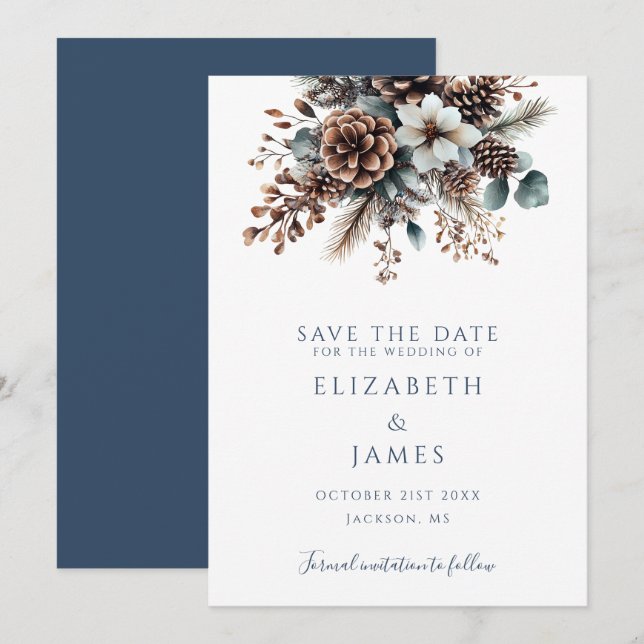 Modern Boho Rustic Floral Pinecones Wedding Save The Date (Front/Back)