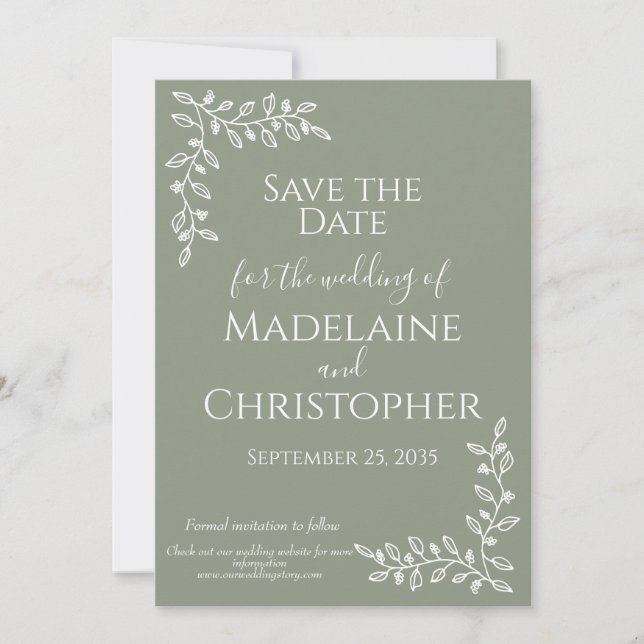 Modern Boho Sage Green Botanical Photo Wedding  Save The Date (Front)