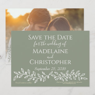 Modern Boho Sage Green Botanical Photo Wedding Save The Date