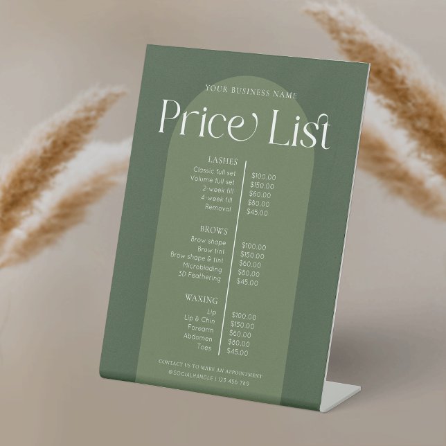 Modern Boho Sage Green Hair Nails Salon Price List Pedestal Sign (Modern boho style business price list in sage green with trendy serif font)