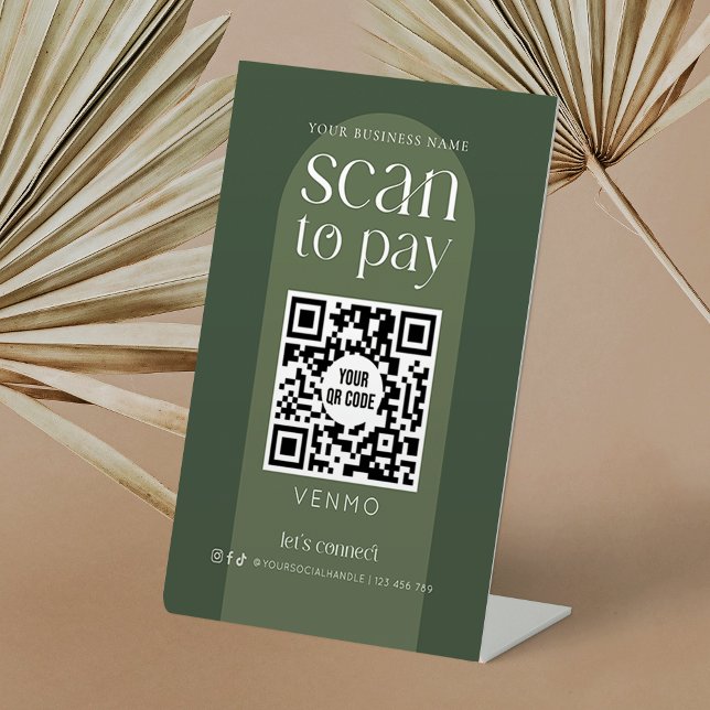 Modern Boho Sage Green Scan To Pay QR Code Shop Pedestal Sign (Scan to pay boho style sage green pedestal sign with one QR code)