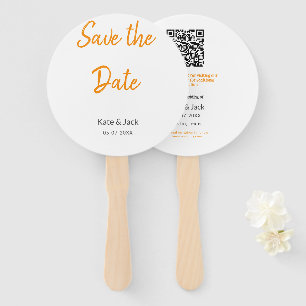 Modern boho save the date add QR name date orange Hand Fan