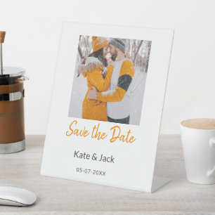 Modern boho save the date add QR name date orange Pedestal Sign