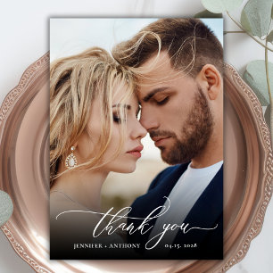 Modern Boho Script 2 Photo Wedding Thank You Card