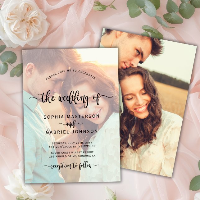 Modern Boho Script Photo Overlay Wedding Invitation (Creator Uploaded)