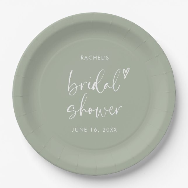 Modern Boho Script Sage Green Bridal Shower  Paper Plate (Front)