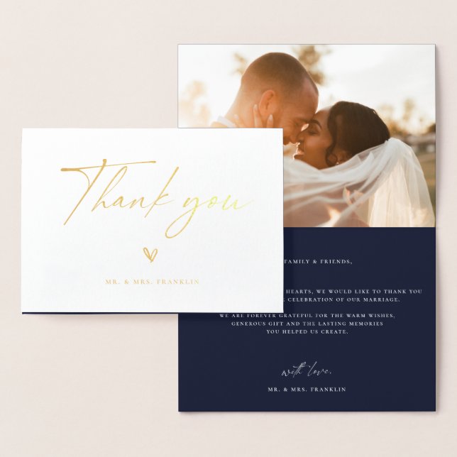 Modern Boho Script Wedding Photo Thank You Foil Ca Foil Card (Display)