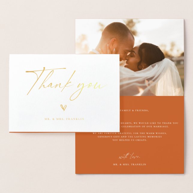 Modern Boho Script Wedding Photo Thank You Foil Card (Display)