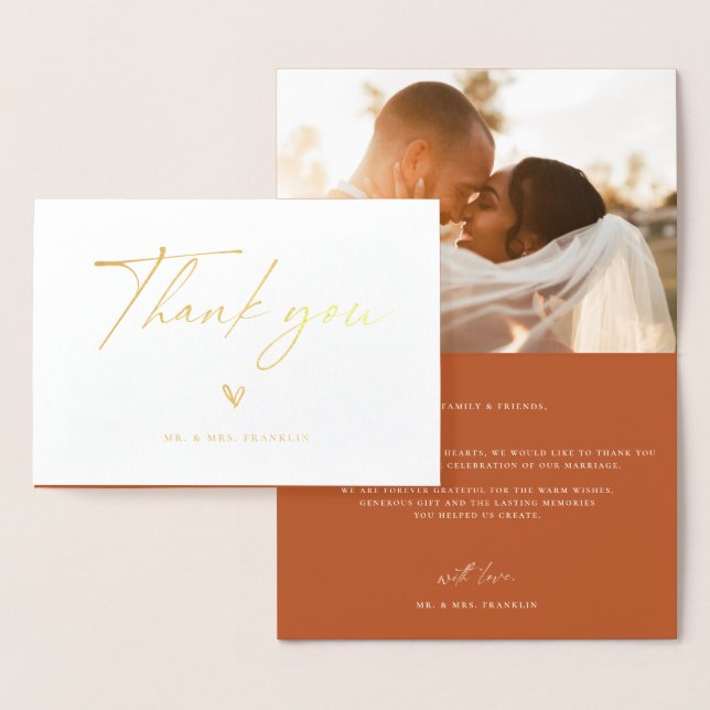 Modern Boho Script Wedding Photo Thank You Foil Card (Display)