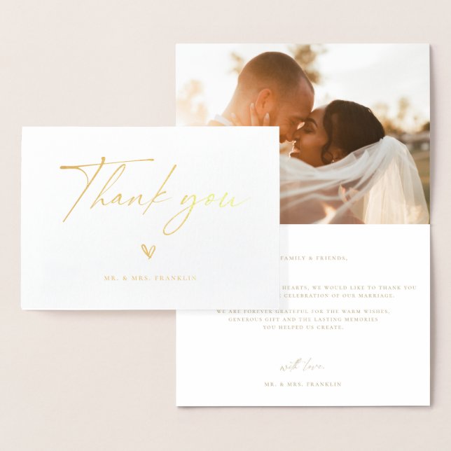 Modern Boho Script Wedding Photo Thank You Foil Card (Display)