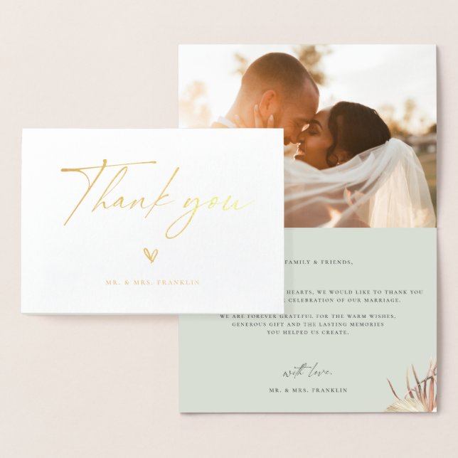 Modern Boho Script Wedding Photo Thank You Foil Card (Display)