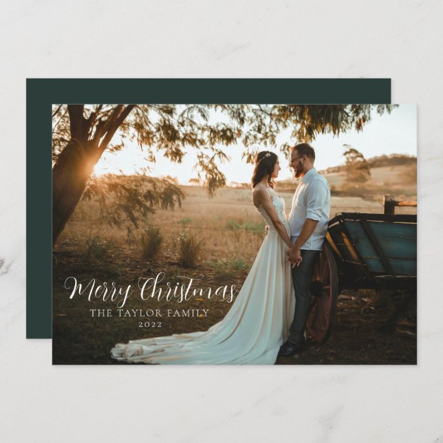 Modern Boho Stylish Green Christmas Couple Photo Holiday Card (Front/Back)