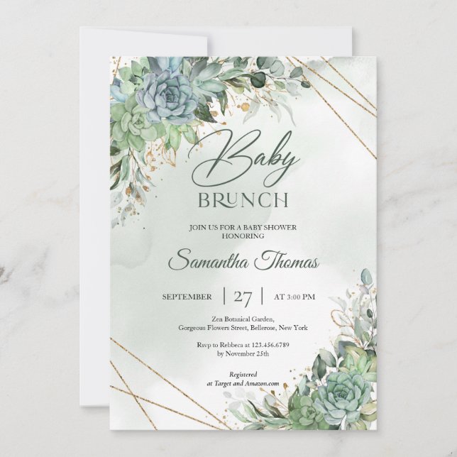 Modern boho succulents eucalyptus gold baby brunch invitation (Front)