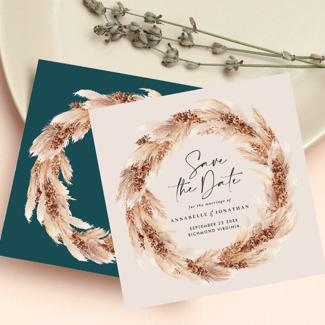 Modern boho teal pampas grass save the date invitation (Creator Uploaded)