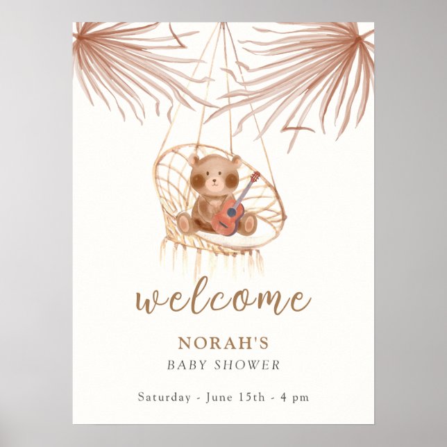 Modern Boho Teddy Bear Baby Shower Welcome Poster (Front)