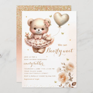 Modern Boho Teddy Bear Balloon Girl Baby Shower  Invitation