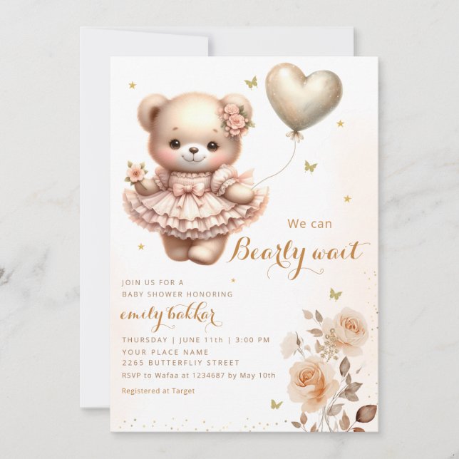 Modern Boho Teddy Bear Balloon Girl Baby Shower  Invitation (Front)