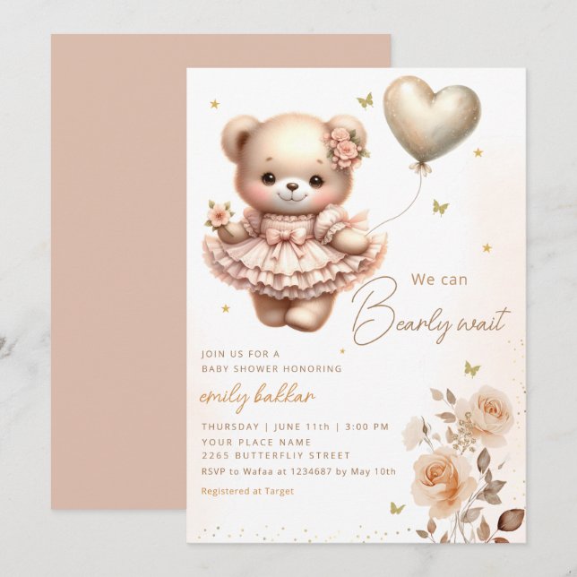 Modern Boho Teddy Bear Balloon Girl Baby Shower  Invitation (Front/Back)