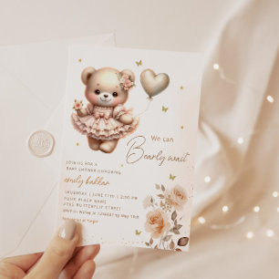 Modern Boho Teddy Bear Balloon Girl Baby Shower Invitation