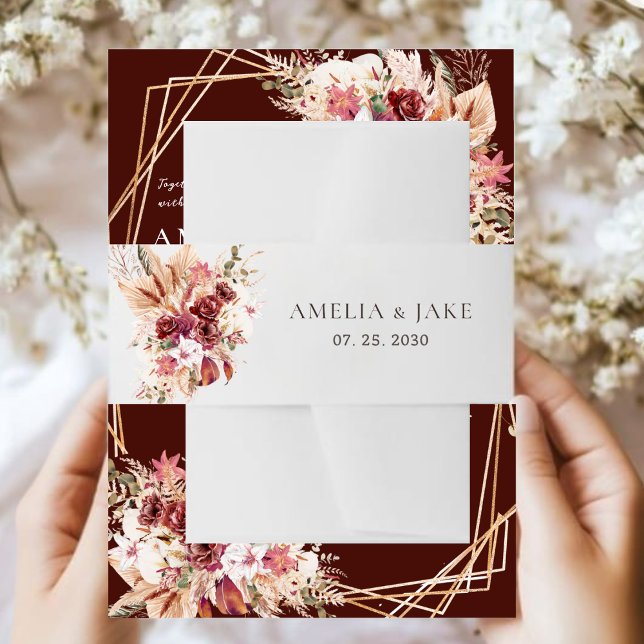 Modern Boho Terracotta & Burgundy Floral Wedding Invitation Belly Band (Creator Uploaded)