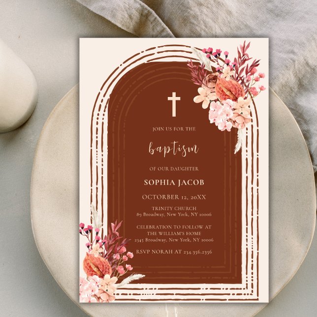Modern Boho Terracotta Floral Arch Cross Baptism Invitation (Modern Boho Terracotta Floral Arch Cross Baptism Invitation)