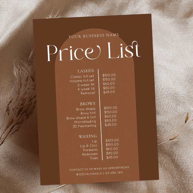 Modern Boho Terracotta Hair Nails Salon Price List (Modern bohemian business price list template with earthy terracotta background)