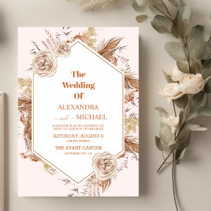 modern boho terracotta pampas grass wedding invitation