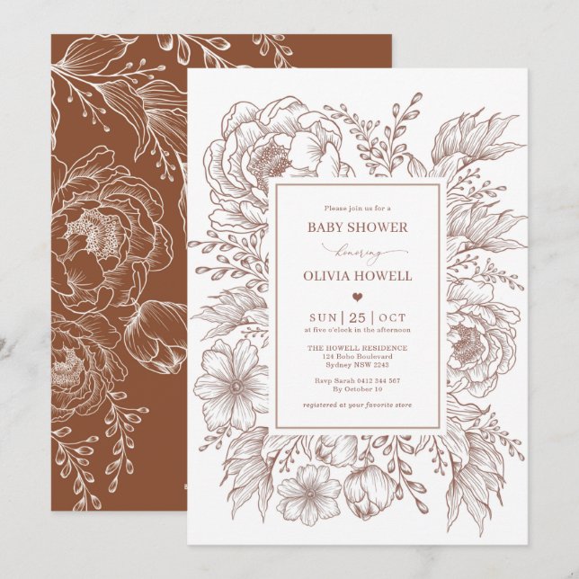 Modern Boho Terracotta White Flower Baby Shower Invitation (Front/Back)