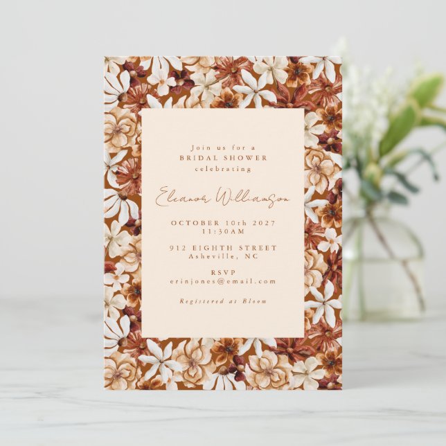 Modern Boho Terracotta Wildflowers Bridal Shower Invitation (Standing Front)