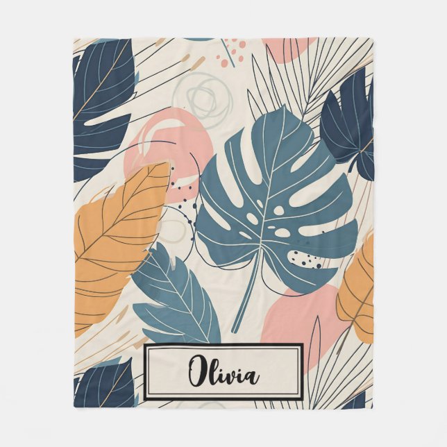 Modern Boho Tropical Leaves Abstract Fleece Blanket (Front)
