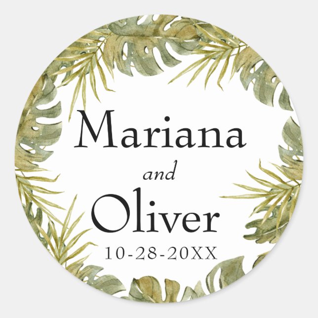 Modern Boho Tropical Leaves Dried Palm Wedding Cla Classic Round Sticker (Front)