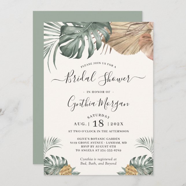 Modern Boho Tropical Monstera Leaf Bridal Shower Invitation (Front/Back)