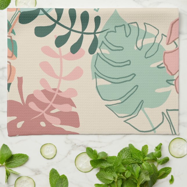 Modern Boho Tropical Monstera Plant Kitchen Towels (Folded)