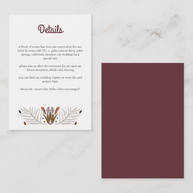 Modern Boho Warm Botanical Floral Wedding Enclosure Card (Front/Back)