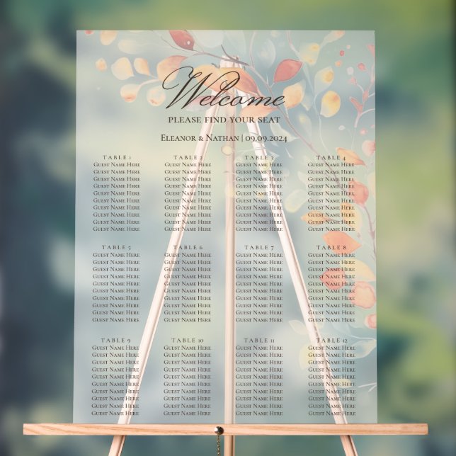 Modern Boho Watercolor Autumn Leaves Seating Chart (Neutral)
