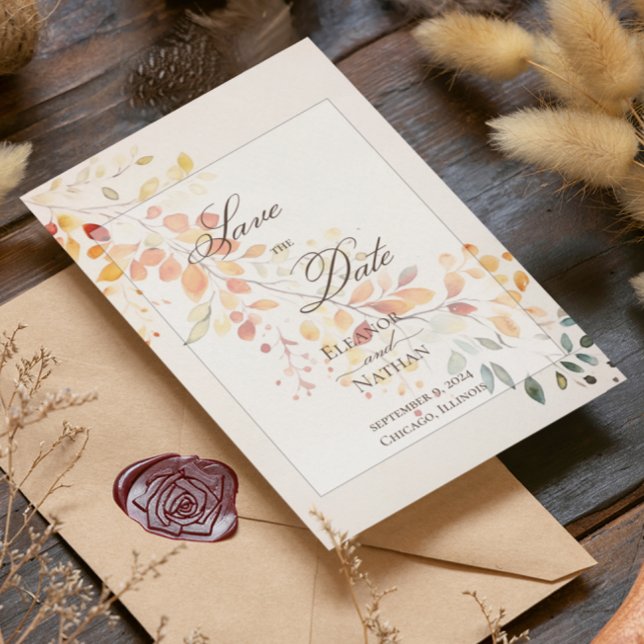 Modern Boho Watercolor Autumn Leaves Wedding Save The Date (Creator Uploaded)
