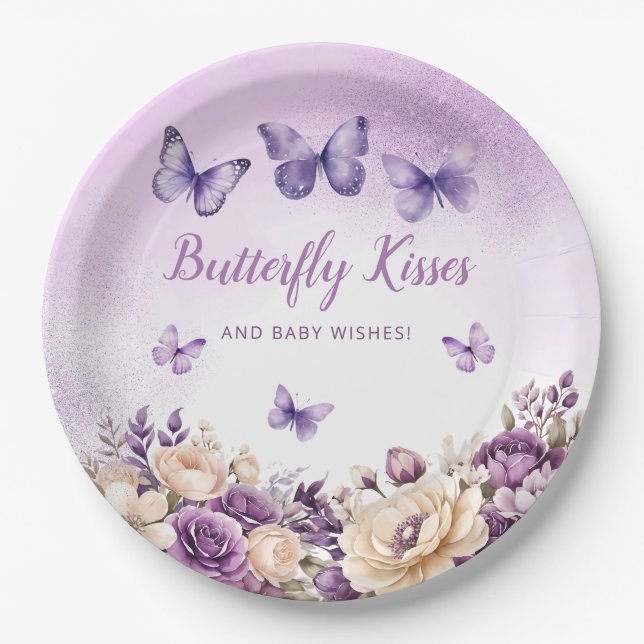 Modern Boho Watercolor Butterfly Girl Baby Shower  Paper Plate (Front)