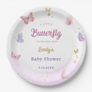 Modern Boho Watercolor Butterfly Girl Baby Shower Paper Plate