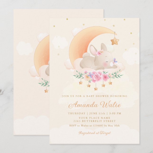 Modern Boho Watercolor Cute Bunny Girl Baby Shower Invitation (Front/Back)