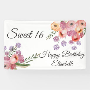 Modern boho watercolor floral  sweet 16 party banner