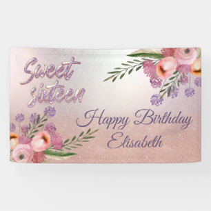 Modern boho watercolor floral  sweet 16 party  banner