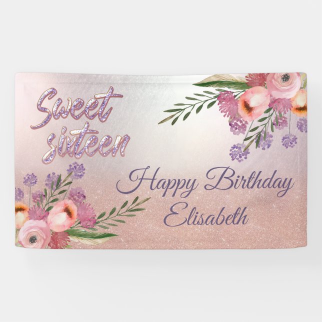 Modern boho watercolor floral  sweet 16 party  banner (Horizontal)