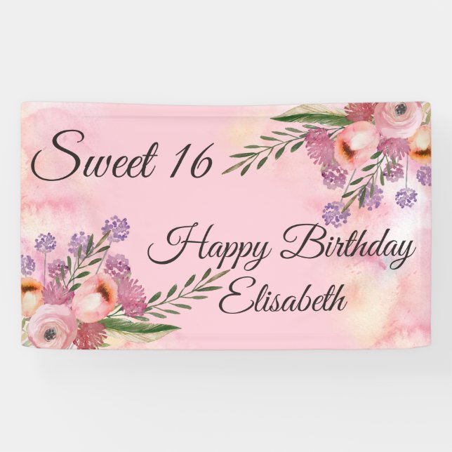 Modern boho watercolor floral  sweet 16 party banner (Horizontal)