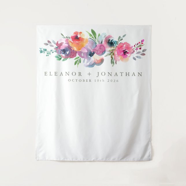 Modern Boho Watercolor Flower Photo Booth Backdrop Tapestry (Front)