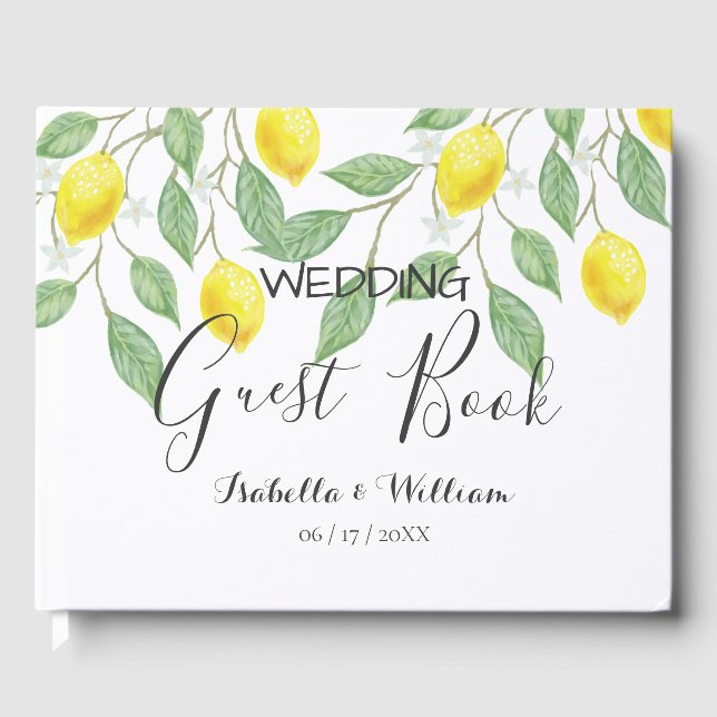 Modern Boho Watercolor Lemon Summer Wedding Guest Book (Front)