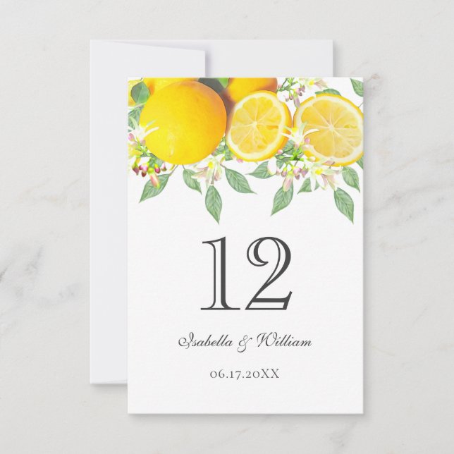 Modern Boho Watercolor Lemon Wedding Table Card (Front)