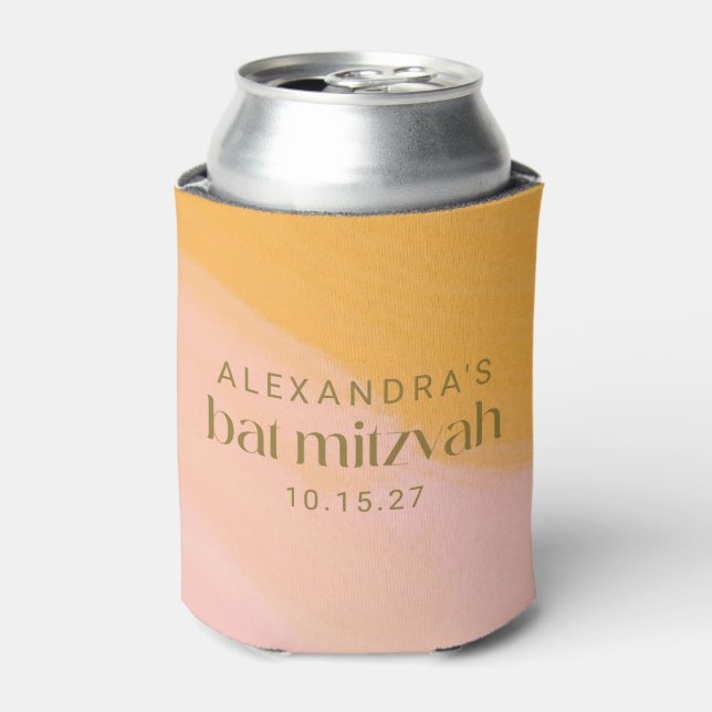 Modern Boho Watercolor Pink Yellow Bat Mitzvah Can Cooler (Can Front)
