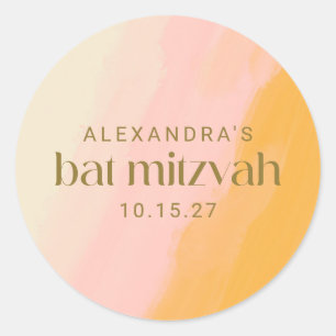 Modern Boho Watercolor Pink Yellow Bat Mitzvah Classic Round Sticker